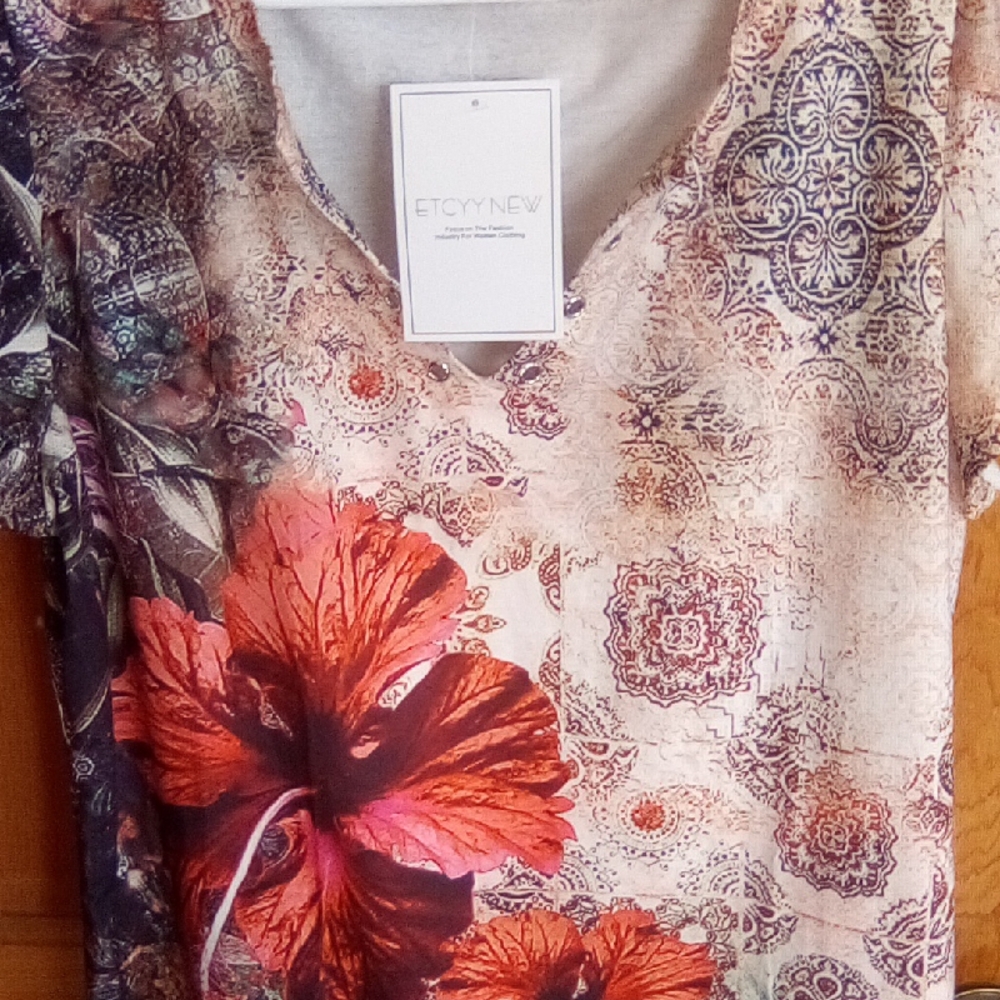 Elegant Floral V-Neck Blouse - Red and Cream